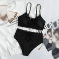 Black women's swimsuit set with sling bikini top and high-waist shorts with side splits