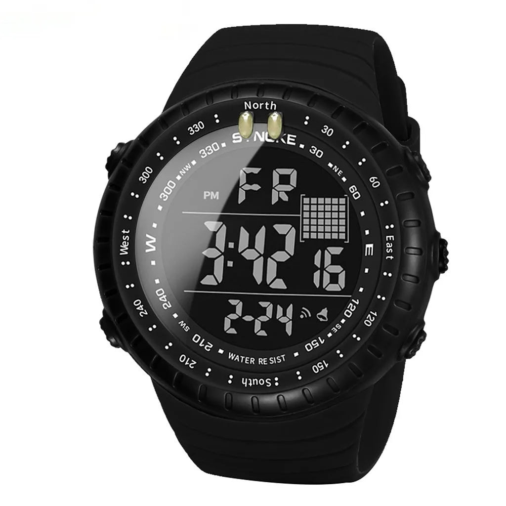 Men's black waterproof digital watch showing large 54.74mm dial and adjustable PU strap