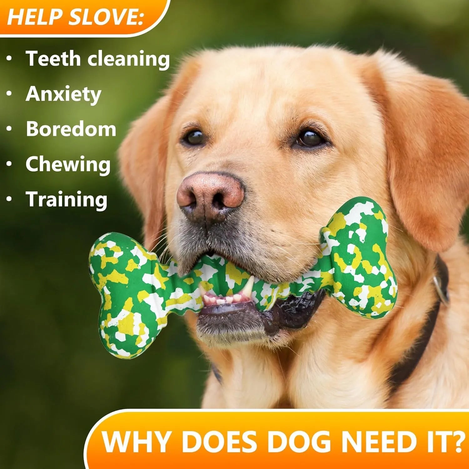 Large camouflage patterned natural rubber bone chew toy for dogs on a plain background.