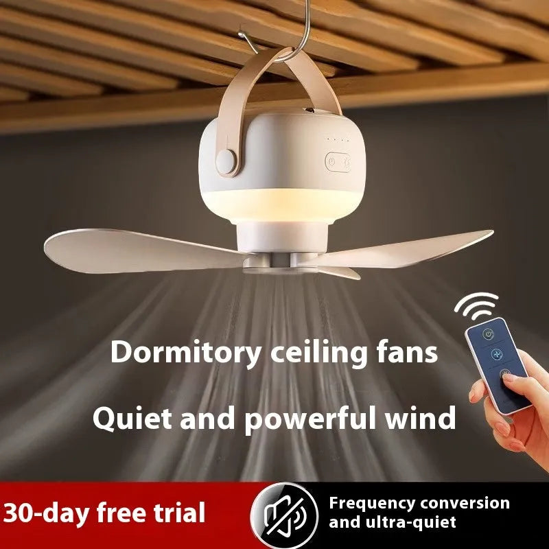 Small white rechargeable ceiling fan with remote control and wire bracket for camping tents