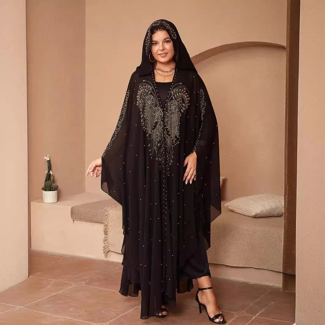 Purple rhinestone beaded chiffon Muslim shawl draped showing length and decorative bead detail