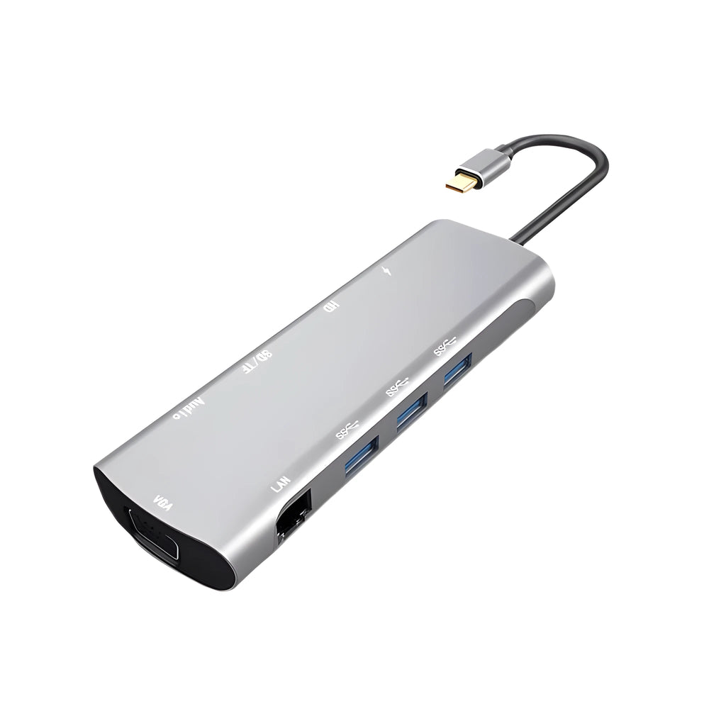 Grey USB-C docking station with HDMI, VGA, and USB ports on aluminium alloy body
