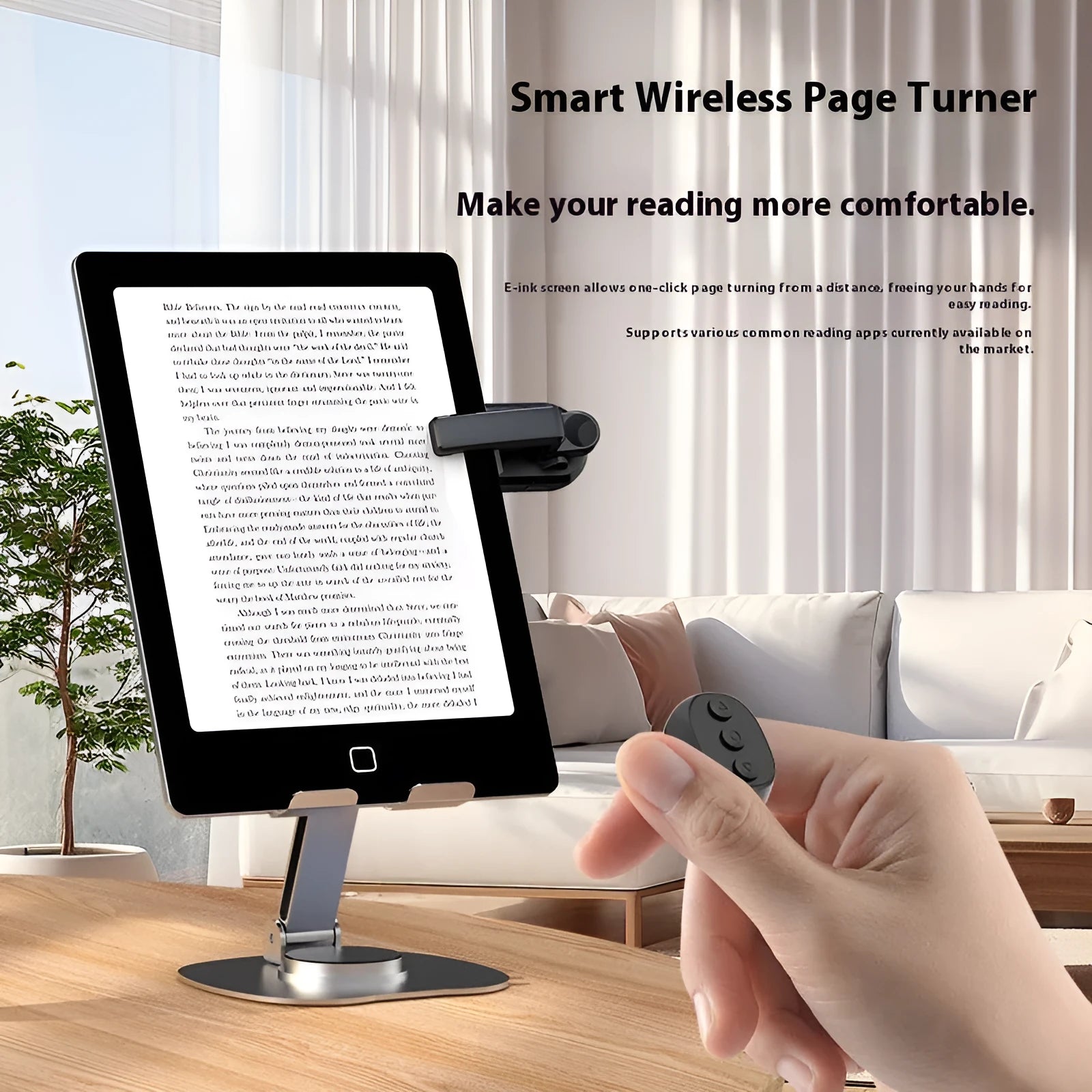 Wireless page turner remote control and foot clicker for tablets on a wooden table.