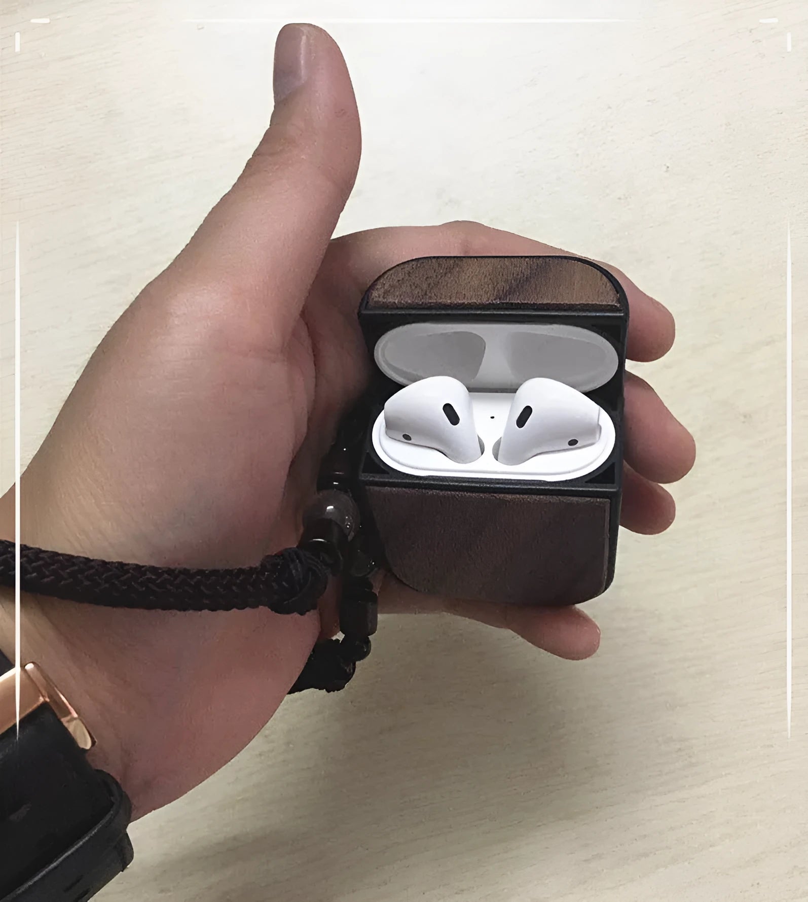 Walnut wooden clamshell case for AirPods 1/2 with vintage solid colour finish and bamboo texture