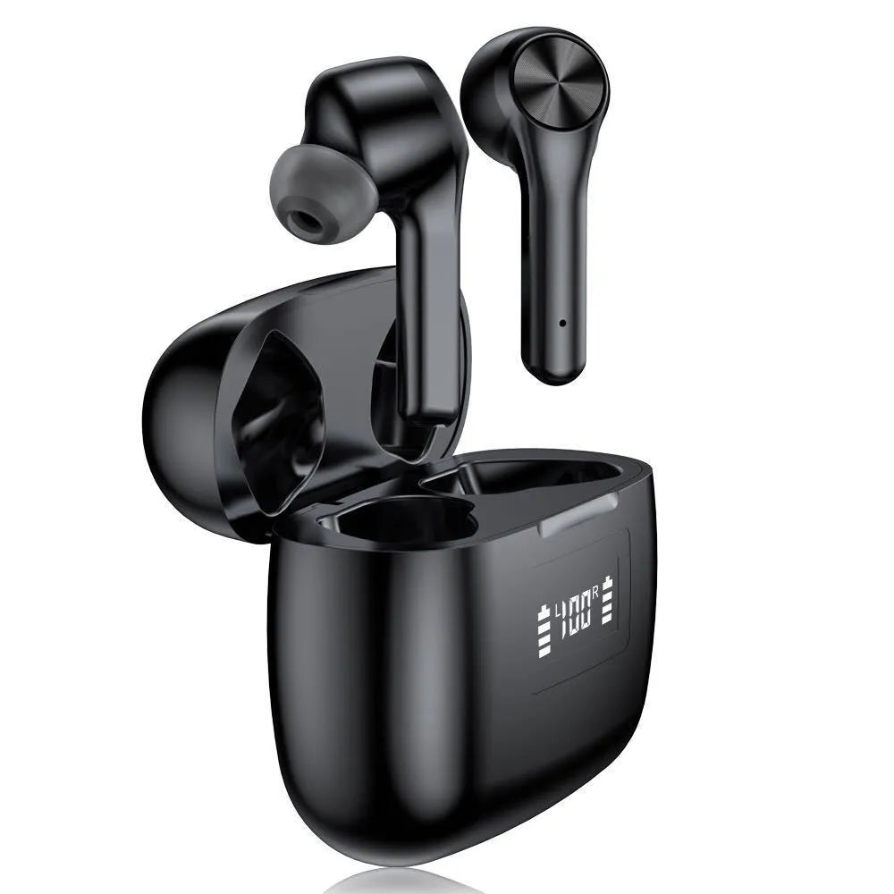 Cool black wireless noise reduction earbuds with charging case on a white background