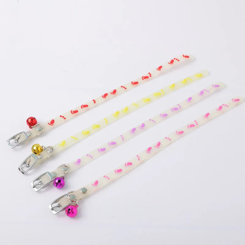 Cat luminous collar with night glow feature showing adjustable silicone chain and metal bell attachment