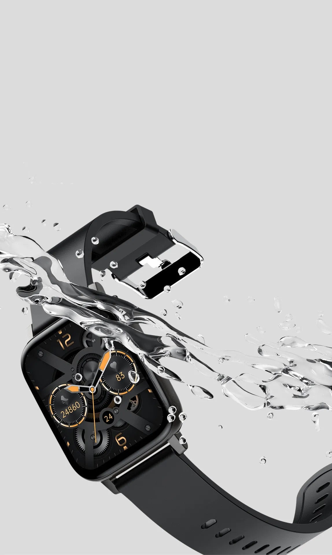 H80 smart watch with black silicone strap and 1.69-inch screen showing health metrics.