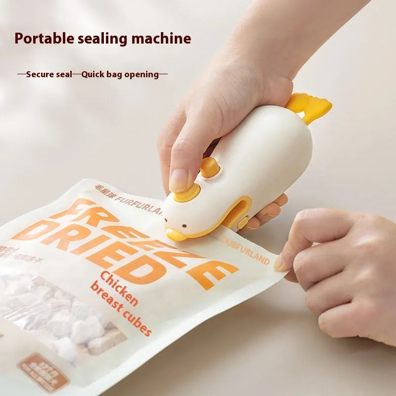 Yellow duck-shaped rechargeable sealing machine with animal jacquard pattern and charging cable