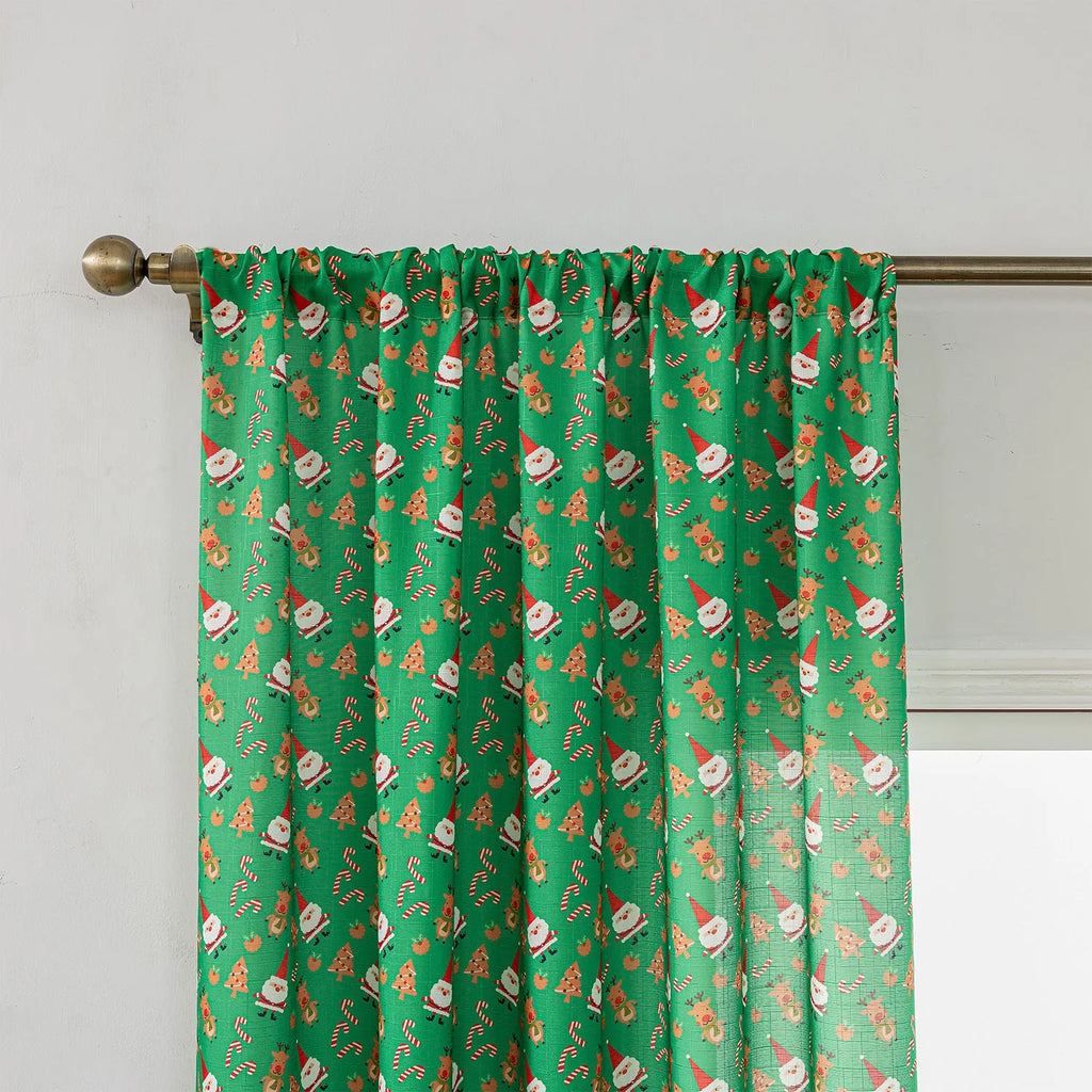 Christmas curtain with snowman and angel cartoon print in green or red colour