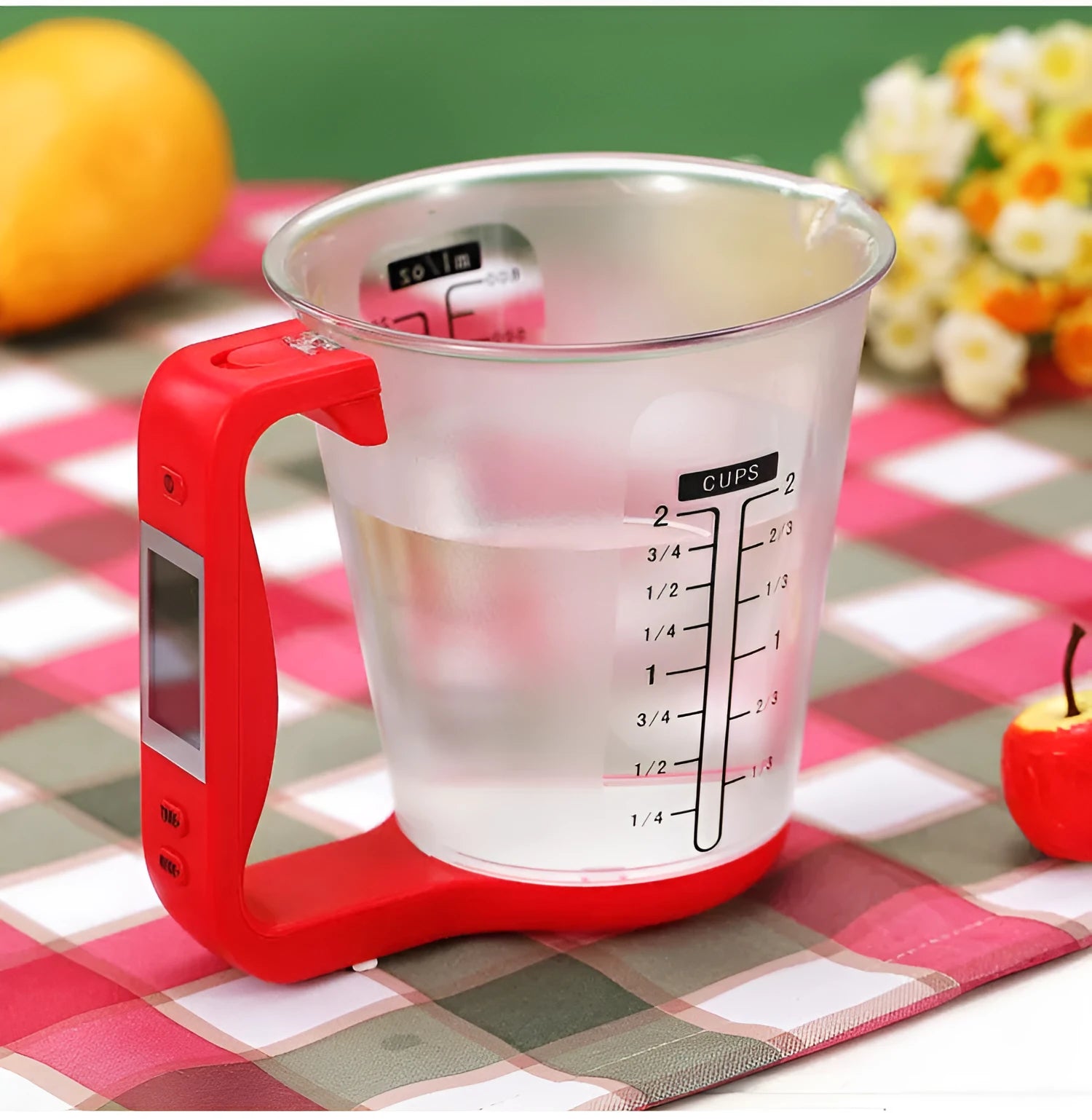 Green electronic kitchen measuring cup scale with LCD display built into handle
