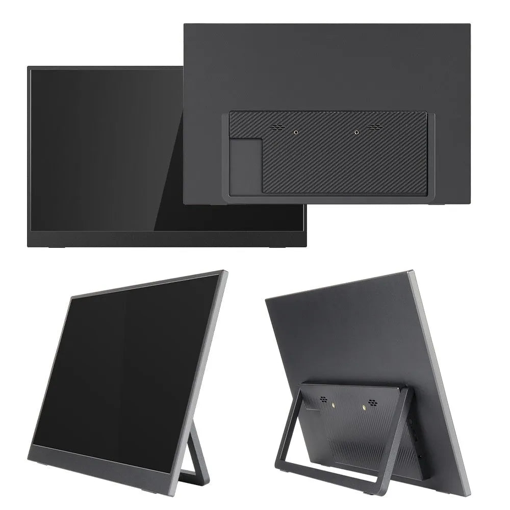 Black 15.6-inch portable LCD monitor with adjustable stand on a desk