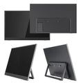 Black 15.6-inch portable LCD monitor with adjustable stand on a desk