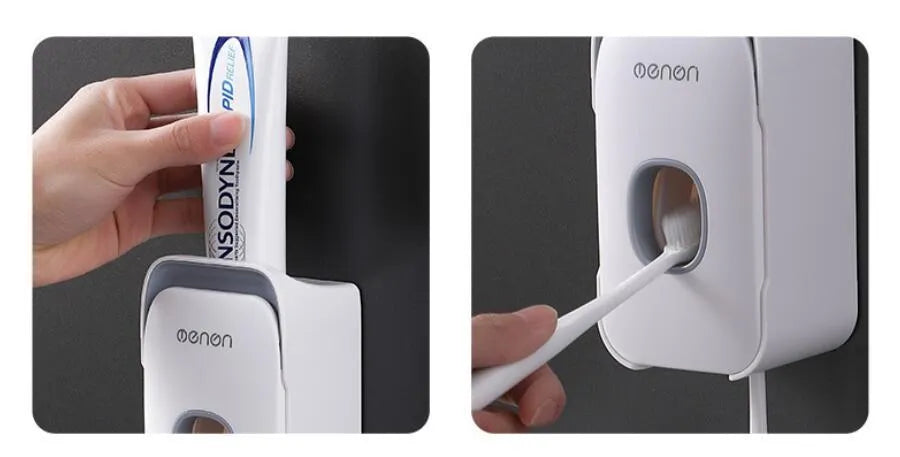 Blue automatic toothpaste dispenser mounted on bathroom wall with one-touch dispensing mechanism