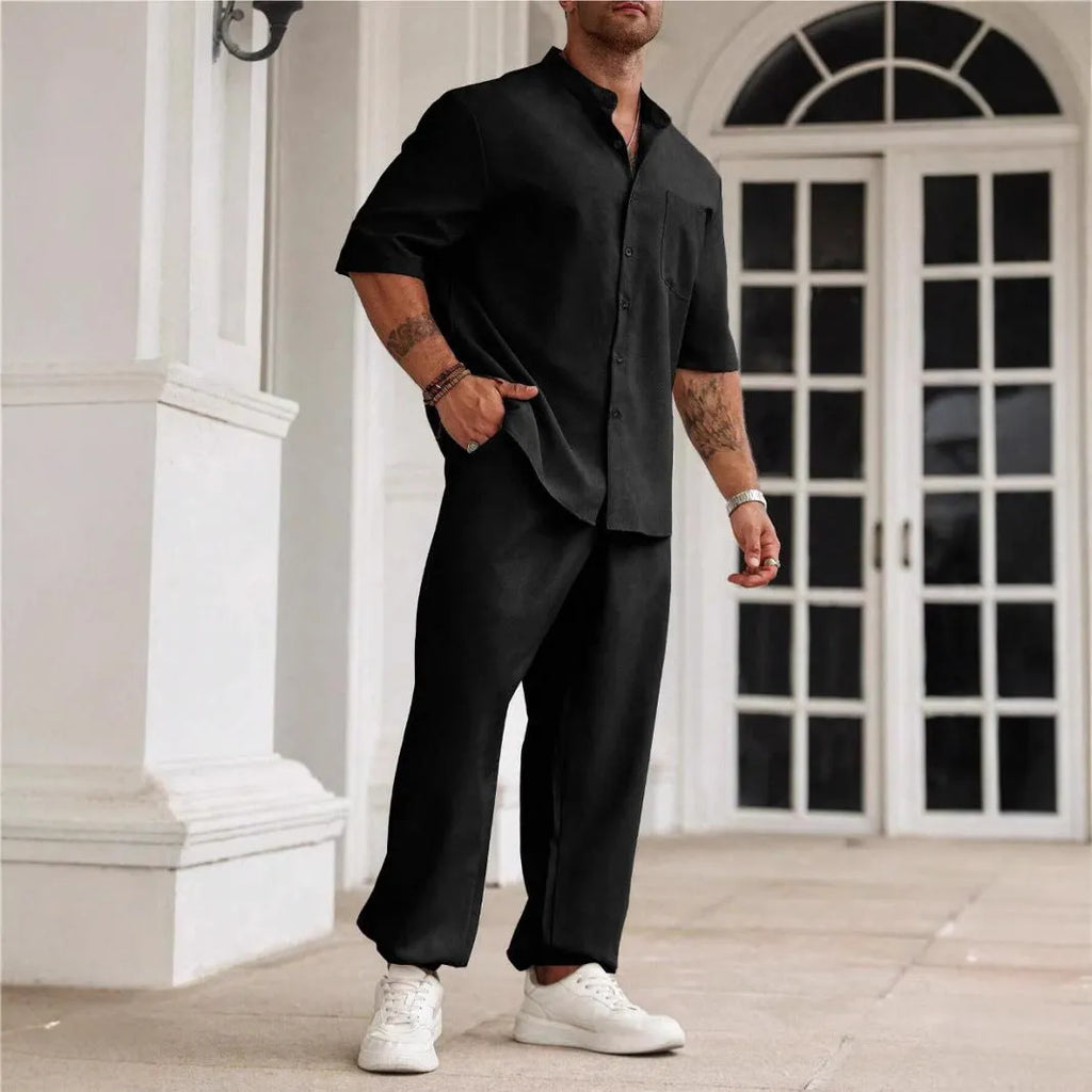 Men's cotton linen casual short-sleeved shirt and trousers set in apricot colour