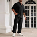 Men's cotton linen casual short-sleeved shirt and trousers set in apricot colour