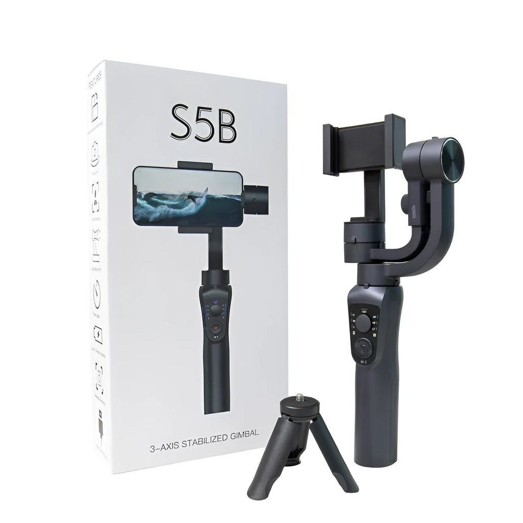 Black three-axis handheld phone gimbal stabiliser with tripod and hard case accessories
