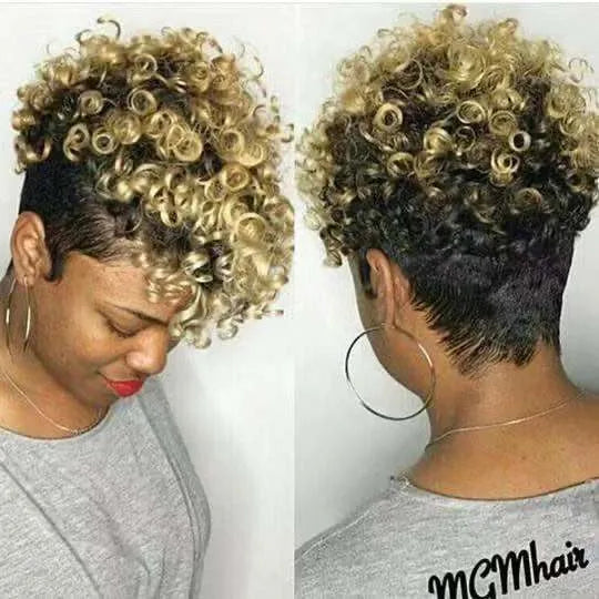 Women's short synthetic wig in a simple rolls style, shown in one of four colours: Black, Brown, Gold, or Gray.