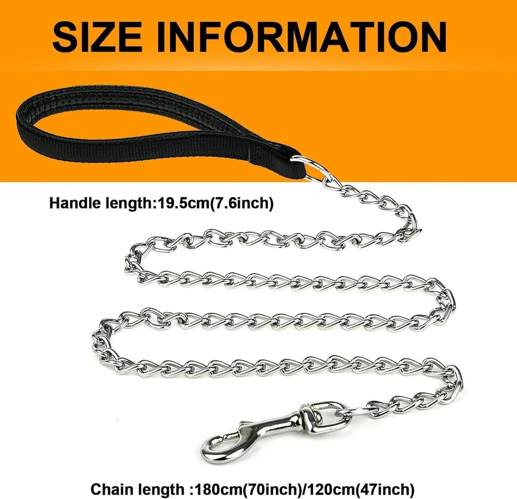Heavy duty metal dog chain leash with a soft black padded handle, shown in red colour.