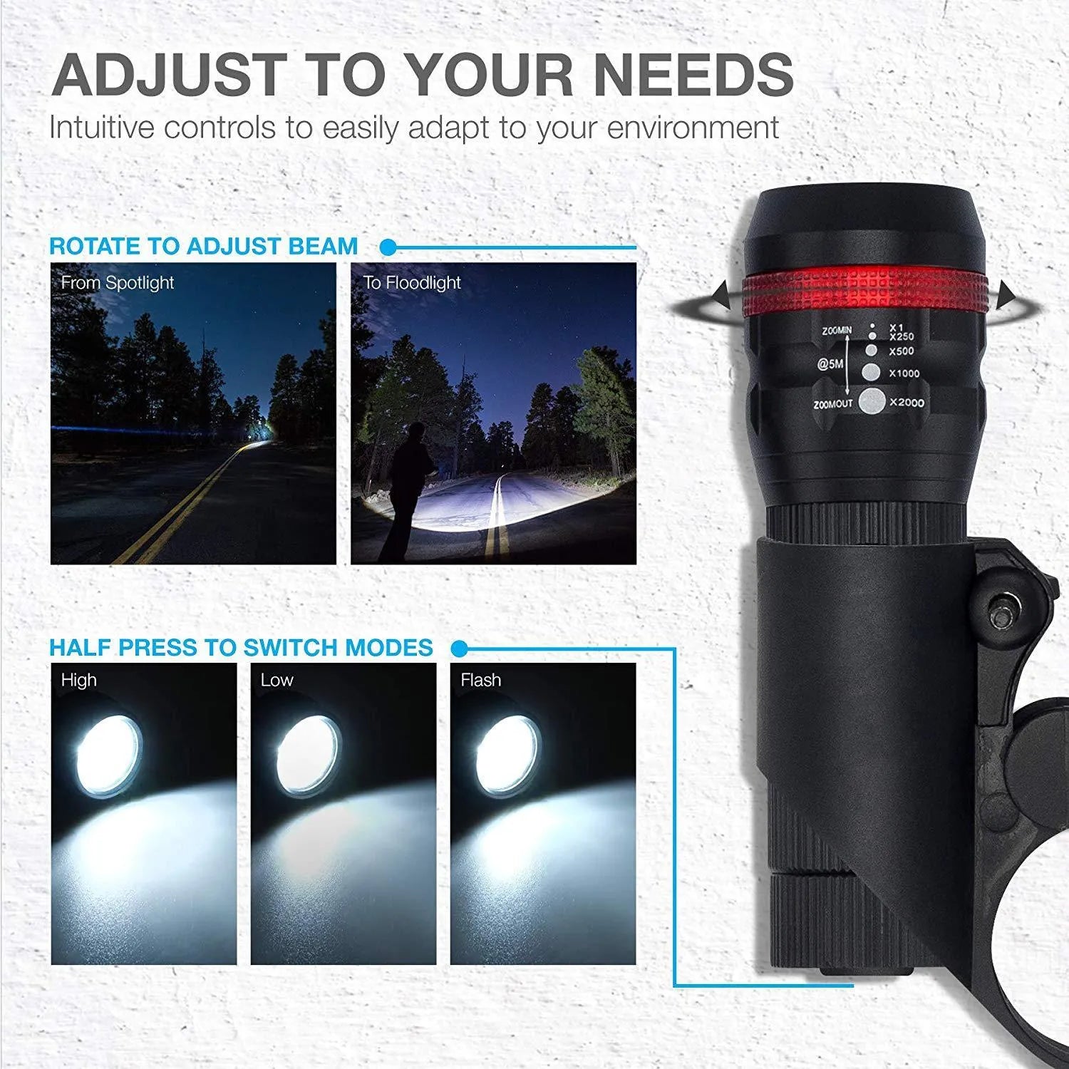 Bicycle headlight and taillight set with a black mounting bracket on a bike handlebar