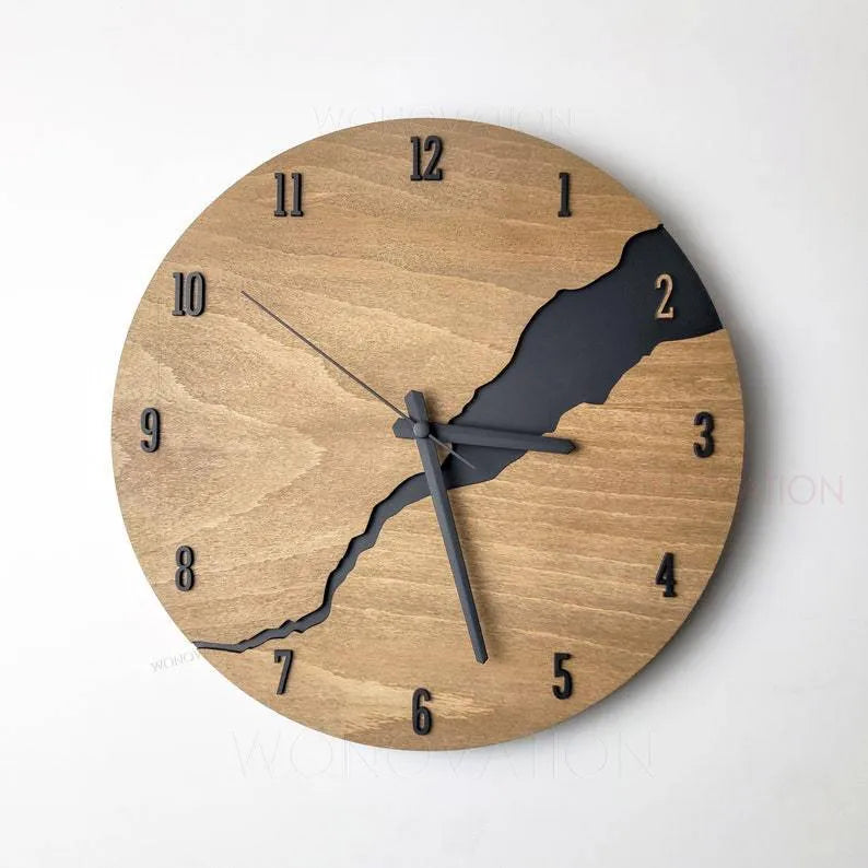 Modern simple wooden wall clock with a creative crack pattern design in a choice of five colours.