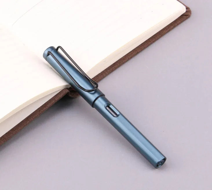 Black and blue frosted ink bag fountain pens showing 0.38mm and 0.5mm nib options