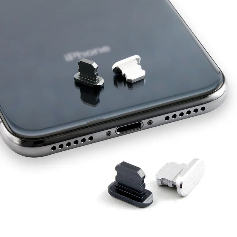 Aluminium alloy dust plug for iPhone charging port in various colours including gold, silver and rose gold.