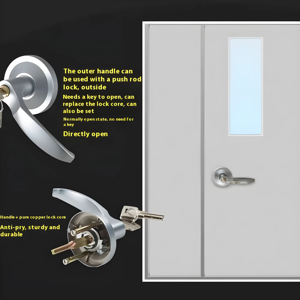 Stainless steel fire door push lock with external handle for 65cm baked paint single doors.