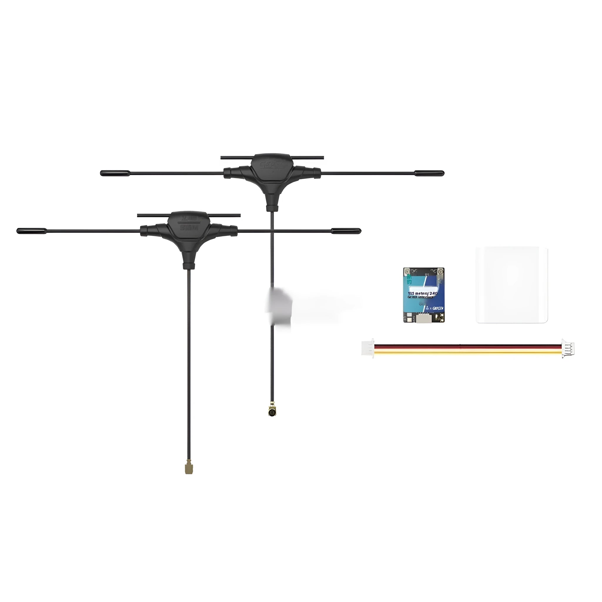 FPV drone ELRS dual-frequency receiver with metal housing, two T-shaped antennas, heat shrink tubing, and connecting wire.