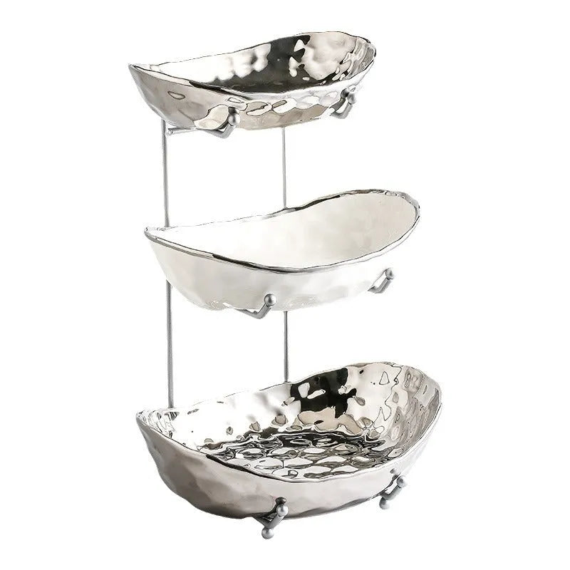 Multi-layer light luxury ceramic fruit tray with gold electroplated stone texture finish