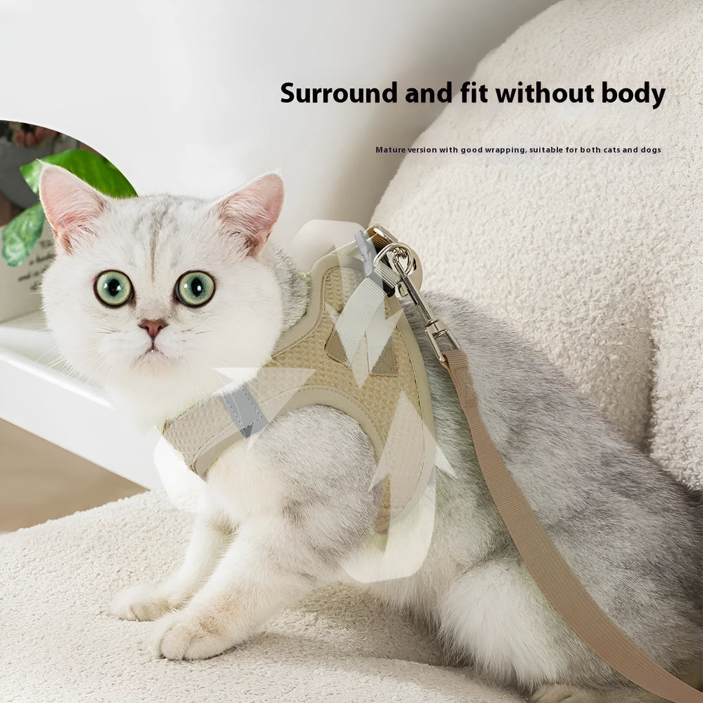 Brown waffle cloth cat harness with pulling rope chest strap shown on feline