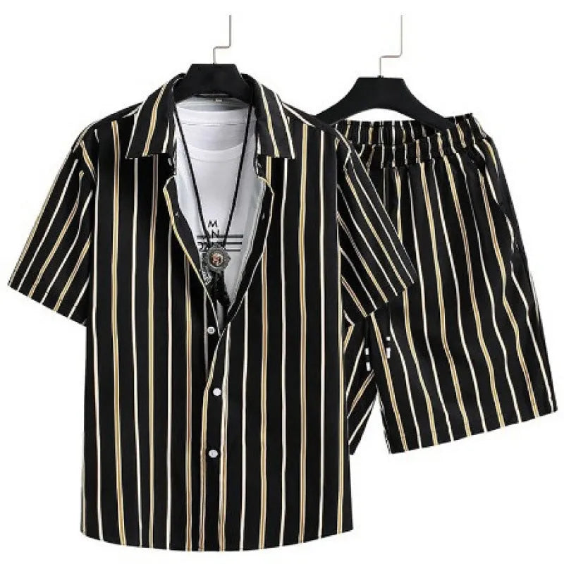 Men's casual suit with digital printing on cardigan shirt and matching shorts