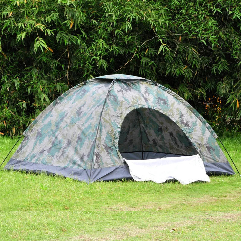 Green camouflage camping tent with steel ground nails and mesh windows
