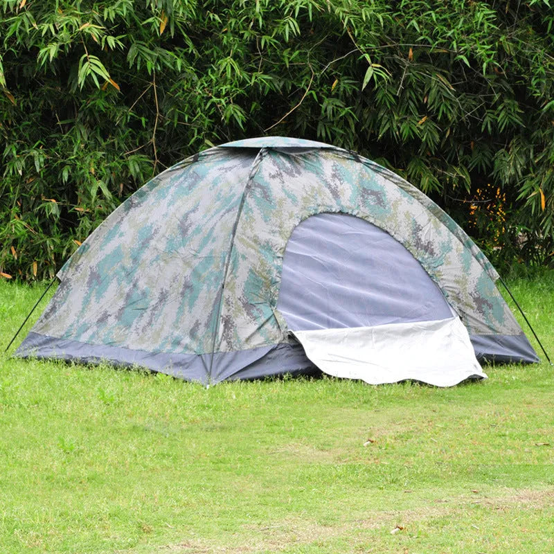 Green camouflage camping tent with steel ground nails and mesh windows