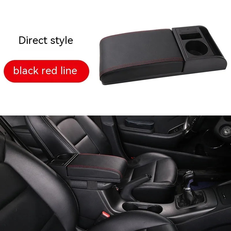 Universal automobile armrest box cover in black with red accent lines on car centre console