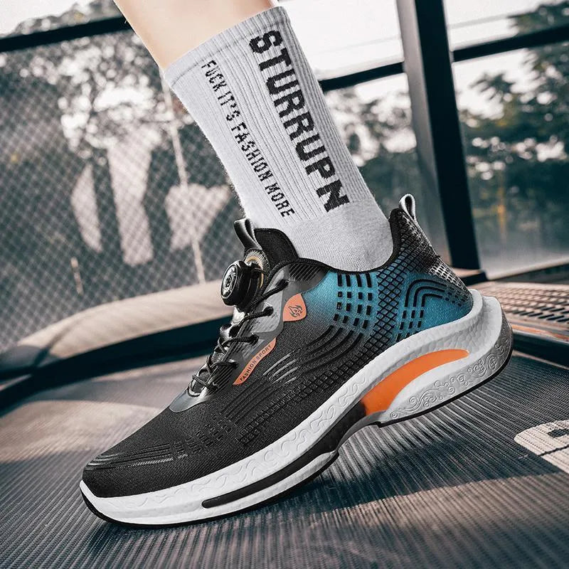 Men's low-top white and blue mesh sneakers with a rotating buckle closure and rubber sole.