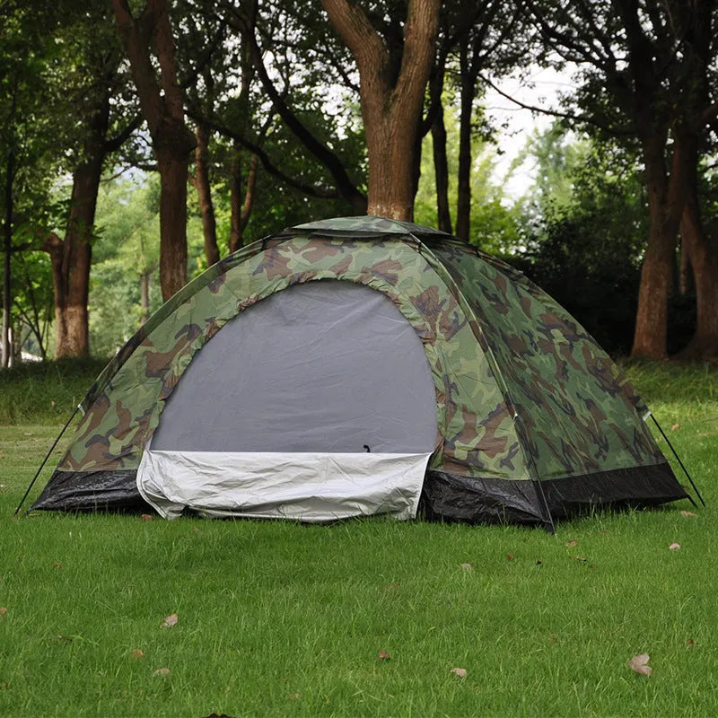 Green camouflage camping tent with steel ground nails and mesh windows