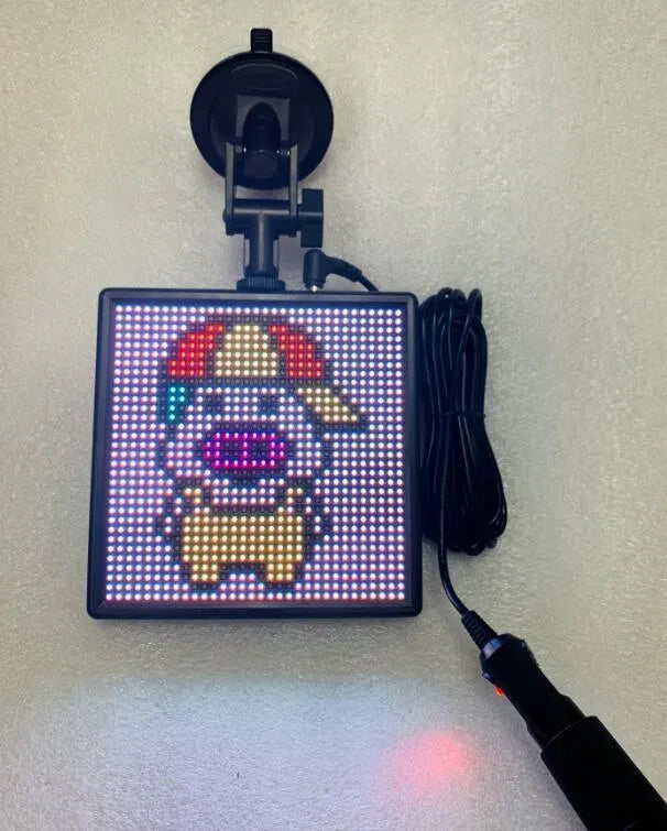 Bluetooth wireless LED car display screen with aluminium frame showing animated graphics