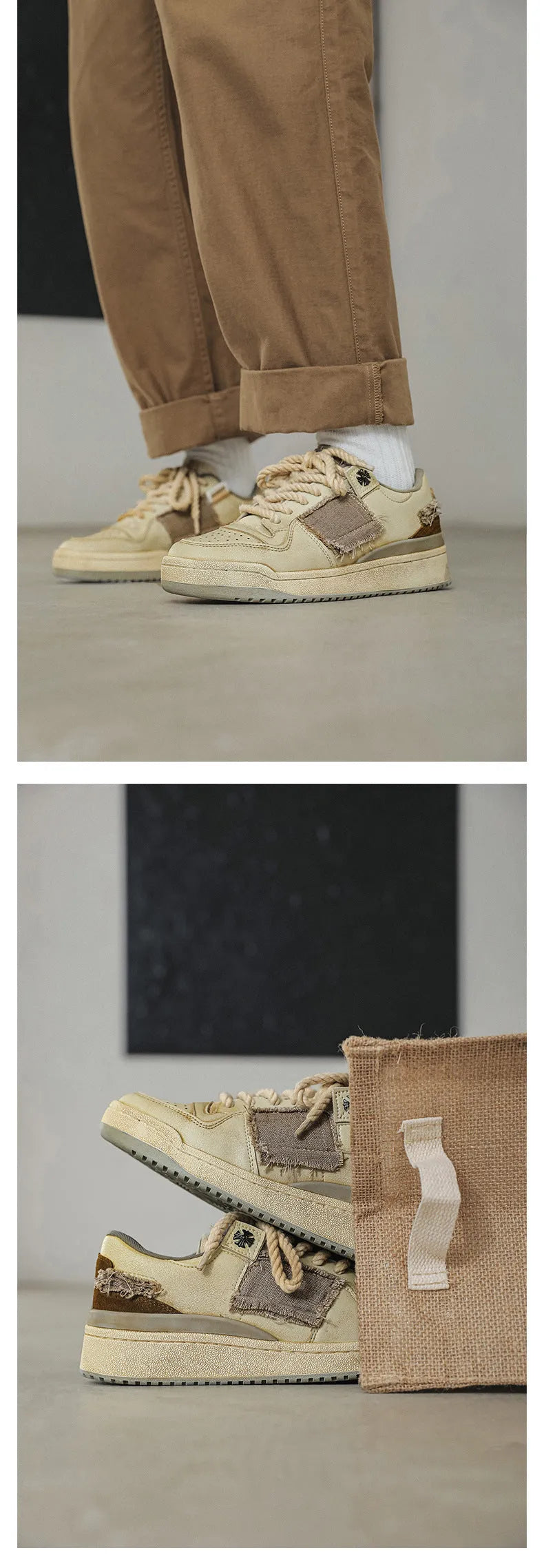 Beige low-top skateboard shoes with microfiber upper and rubber sole on white background