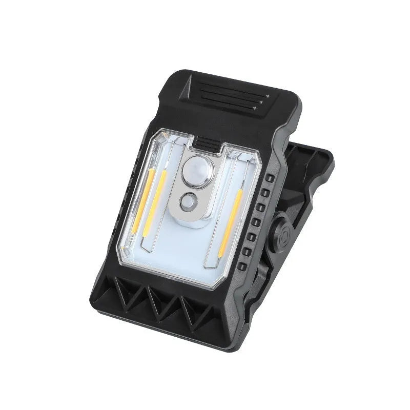 White ABS plastic intelligent induction clip lamp showing clip and sensor, dimensions 11.2 by 7.6 cm.