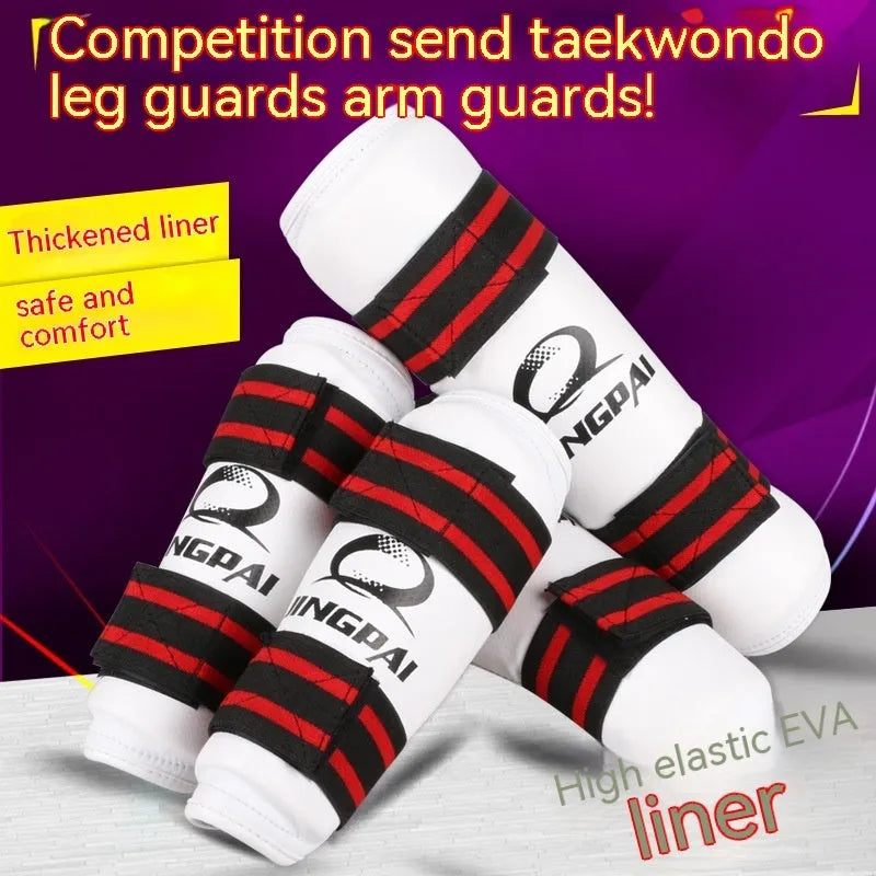 Taekwondo protective gear set showing arm guards and leg protectors in PU EVA foam construction