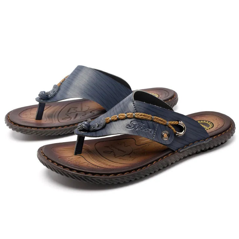 Plus size dark blue men's outdoor slippers with herringbone rubber sole and artificial PU upper.