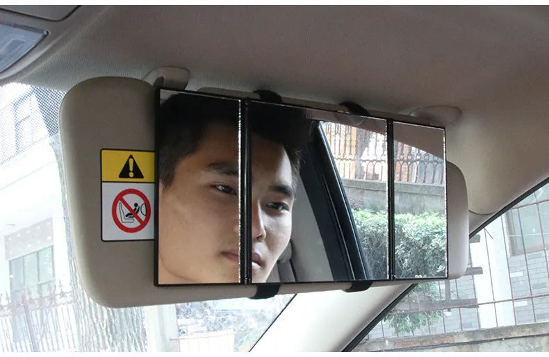 Silver folding car visor makeup mirror shown both open and closed.