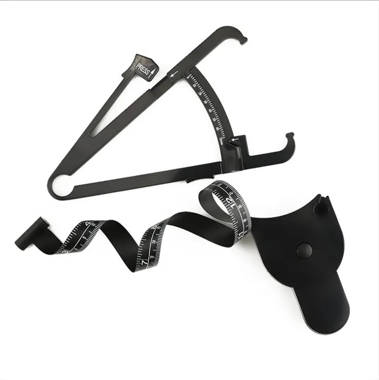 Black body fat measuring caliper instrument with measurement scale and cord