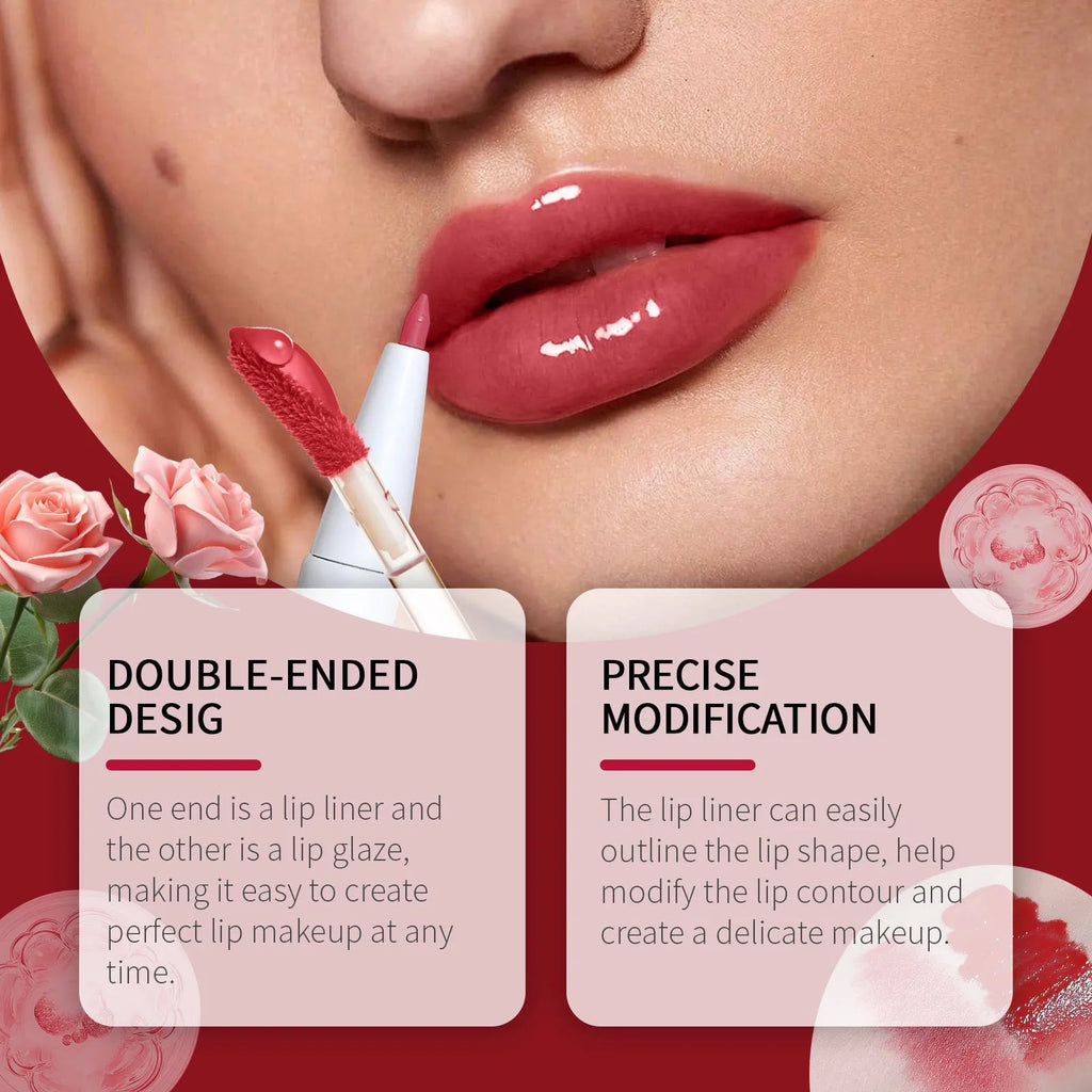 Double-headed lip liner and lip lacquer pen in a matte finish shown with three colour options.
