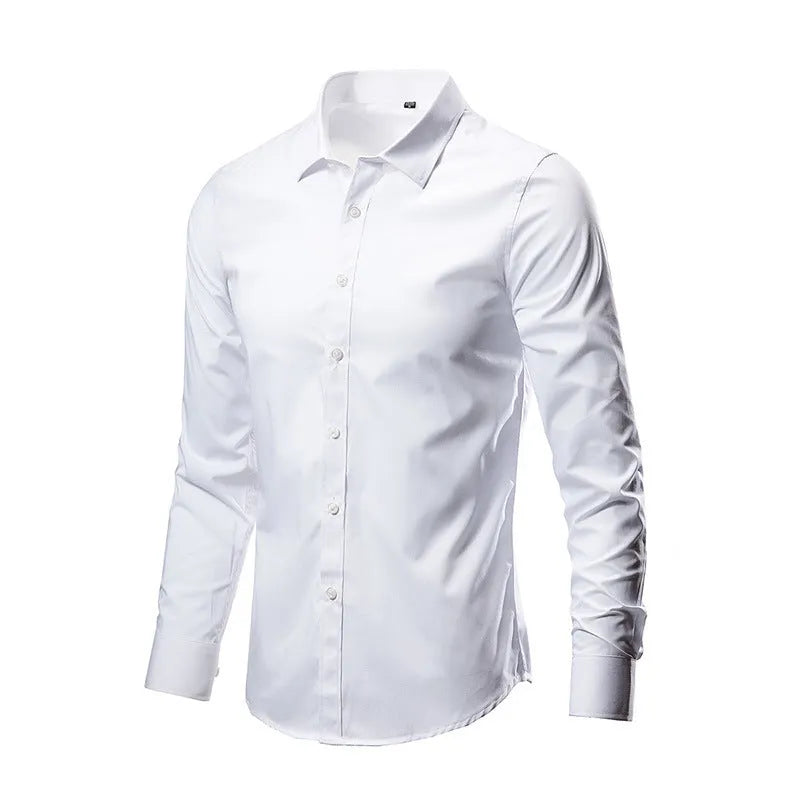 Men's loose-fit long-sleeve linen shirt on a hanger, shown in a neutral colour.