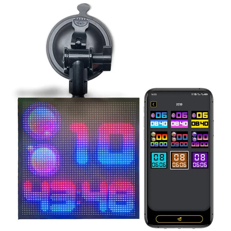 Bluetooth wireless LED car display screen with aluminium frame showing animated graphics