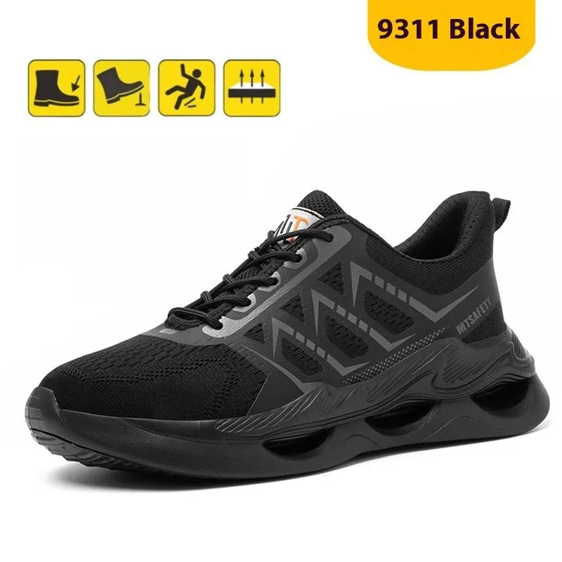 Black steel toe cap safety work shoes with flat knitted uppers and lace-up closure