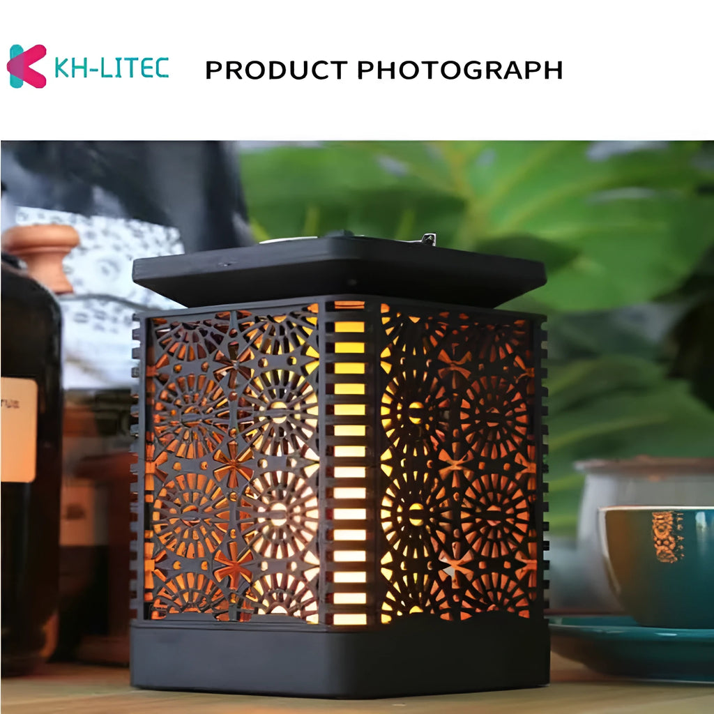 Black solar hanging flame torch light with flickering LED effect for outdoor garden decoration