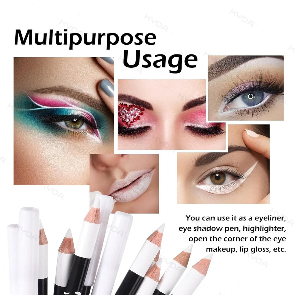 12 piece white and black waterproof eyeliner pencil set with sharpener for eyebrows, eyeshadow and lip lining
