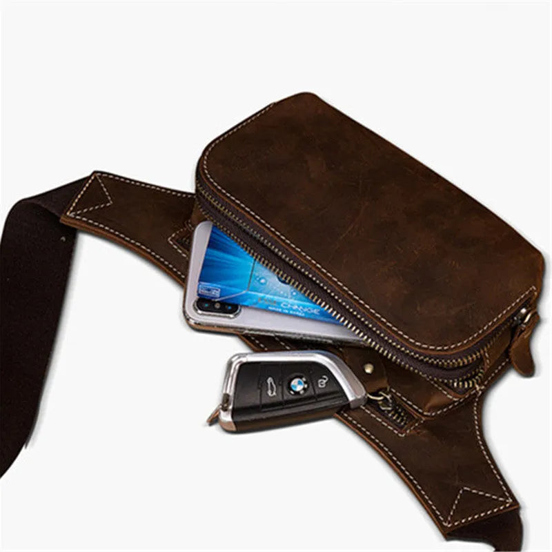 Brown cowhide leather men's waist bag with adjustable strap and zip closure